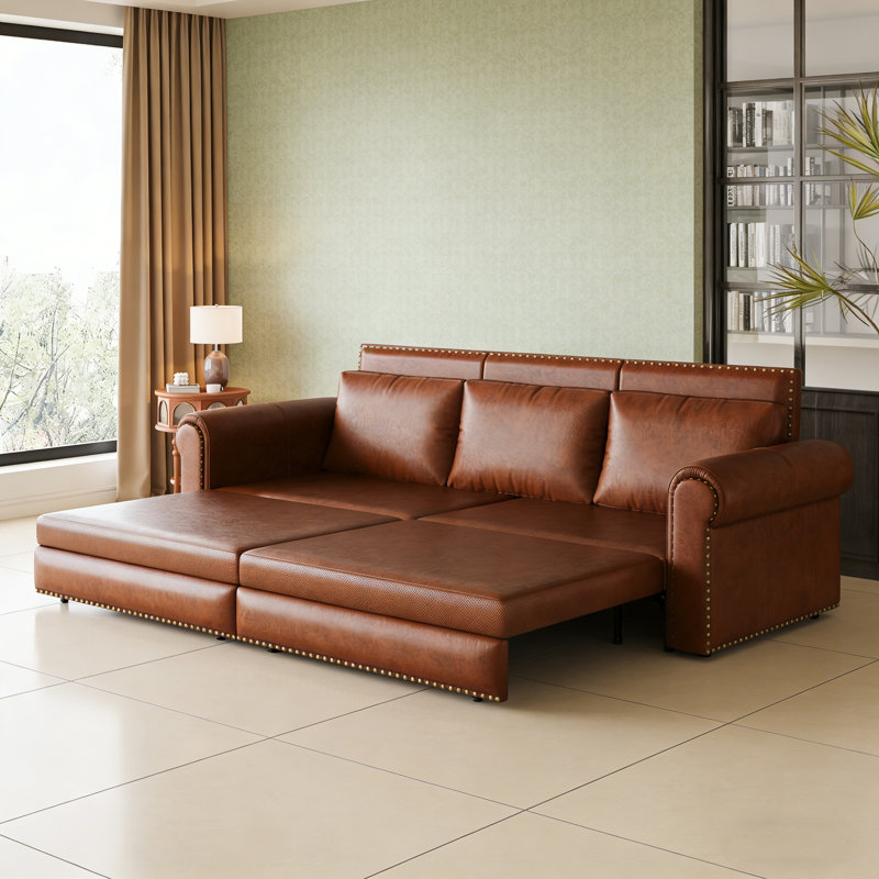 Canapé Chesterfield, canapé-lit gigogne de 93,7 po, canapé-lit convertible 3 en 1 en similicuir avec garniture cloutée et accoudoirs roulés, canapé-lit multifonctionnel pour le salon