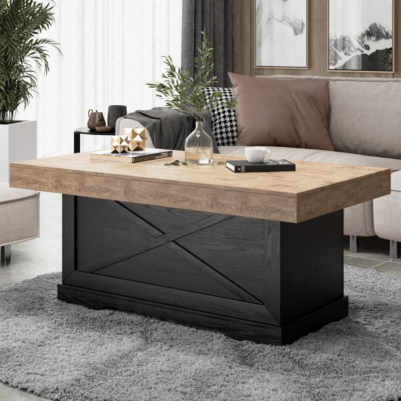 39 inch Rectangle Rustic Cocktail Table, Dark Oak Top/Black Base