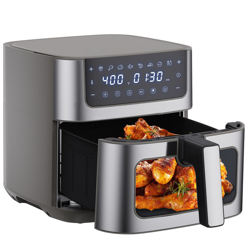Friteuse à air de 6,3 pintes avec fenêtre de visualisation et revêtement en acier inoxydable 304, taille compacte, Gris