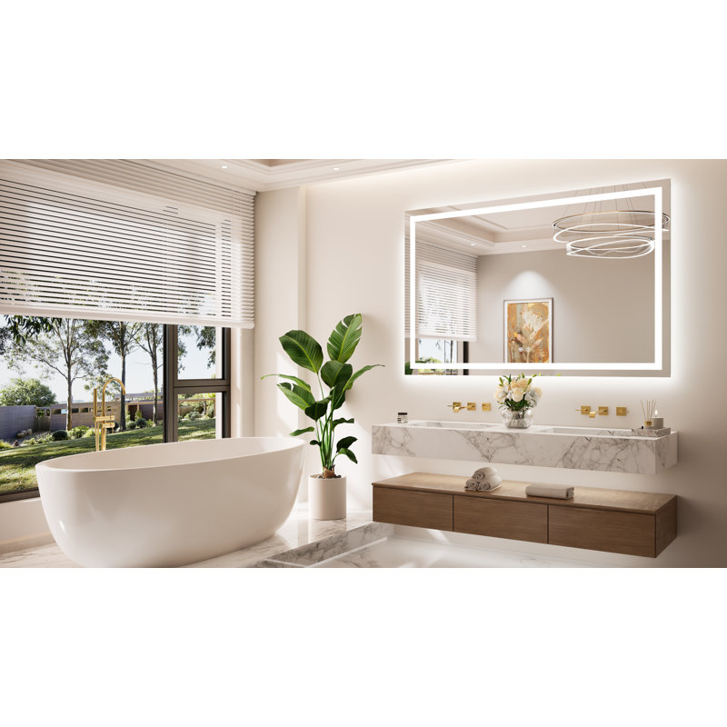 Front & Back LED Lighted Tempered Glass Dimmable Anti Fog Bathroom Vanity Mirror, 55" x 36"