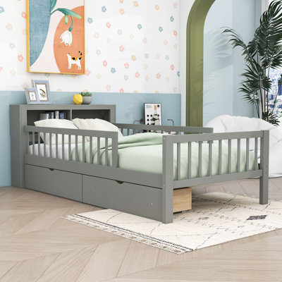 Twin Wooden Platform Bed with Headboard Storage, Safety Guardrails and Drawers by Winston Porter
