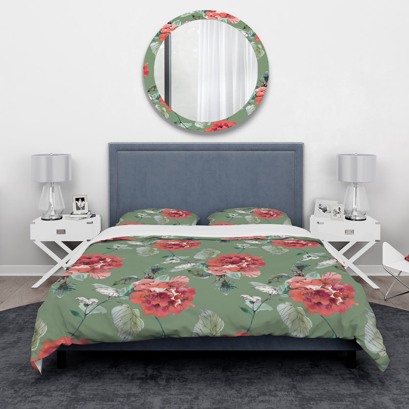 Ensemble de housse de couette à fleurs rouges, Housse de couette double / grand et 2 taies