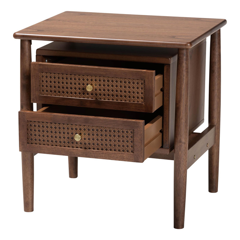 Caasi Japandi Walnut Brown Wood 2-Drawer Nightstand Woven With Rattan