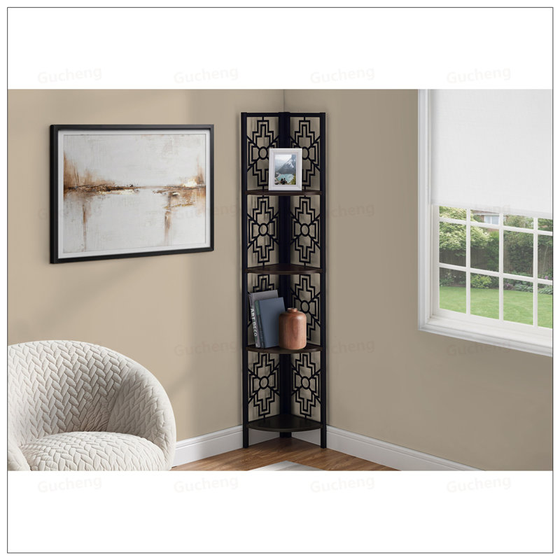 4 Tier Metal Etagere Bookcase With Dark Brown Shelves, Space-Saving Corner Design For Office And Bedroom
