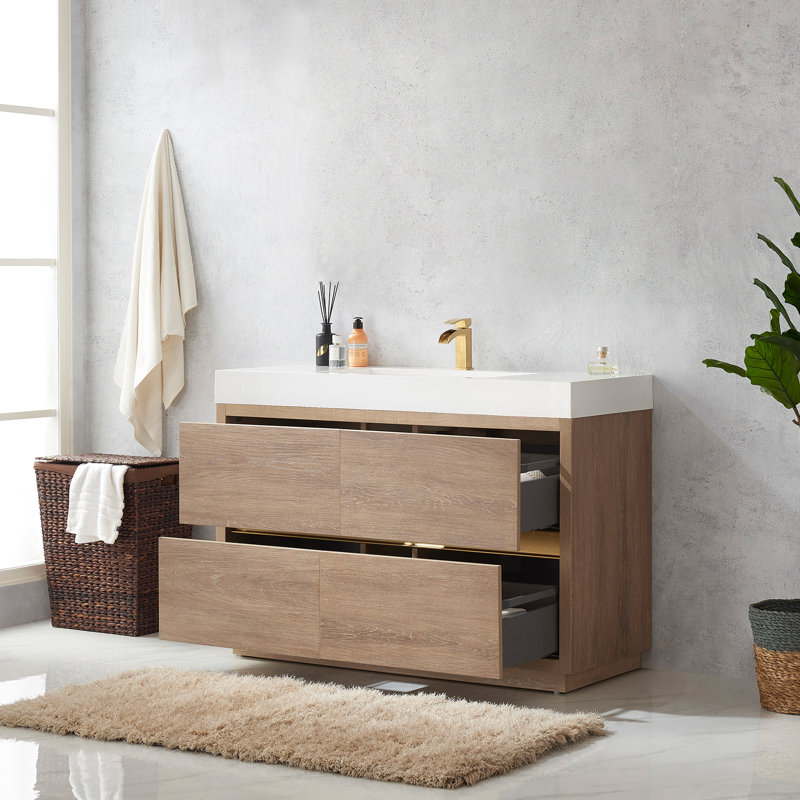 Beira 48'' Single Bathroom Vanity with Top, North American Oak, White