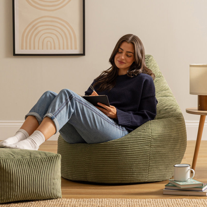 icon Dalton Cord Adults Bean Bag Recliner and Pouffe, Ready Filled Beanbag and Footstool Navy Blue, Sage Green