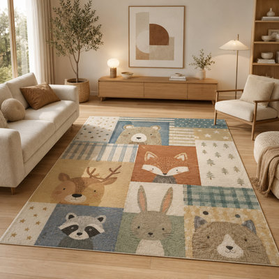 "Ultra Thin" 5' x 7' Woodland Animal Patchwork Area Rug, Soft Low Pile Indoor Rug with Non-Slip Silicone Backing, Rustic Carpet for Living Room, Nursery, Kids Room, Family Room, Beige Multicolor