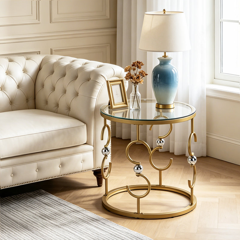 Ensemble de tables de bout en verre 2 pièces avec structure en métal, tables d'appoint dorées de style moderne