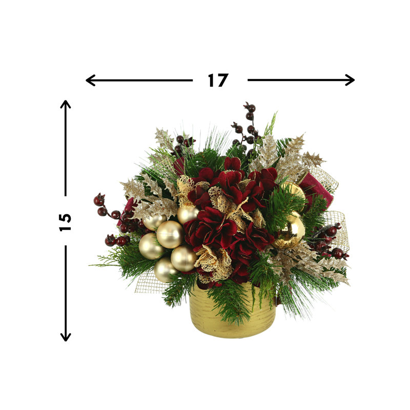 Woodside Holiday Arrangement with Hydrangeas, Ornaments and Berries