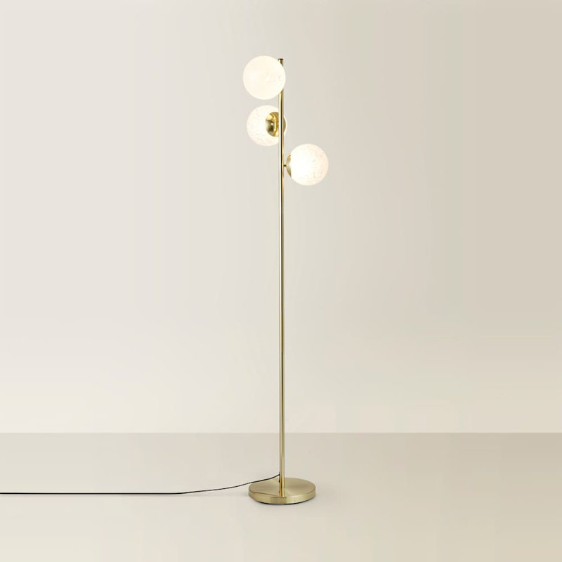 Alcivar Gold 3 Way Floor Lamp with White Confetti Glass Globe Shades