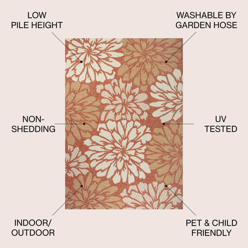Zinnia Modern Floral Textured Weave Orange/Cream Indoor/Outdoor Rug, Rectangle 7'9" x 10'