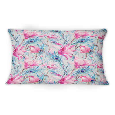Coussin décoratif avec motif à motif de plumes de paon et de magnolia II