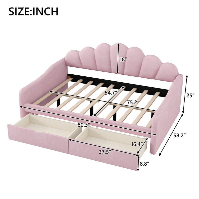 Full Size Upholstered Daybed Frame with Shell Backrest and 2 Storage Drawers, Kids Bed, Pink, Pink
