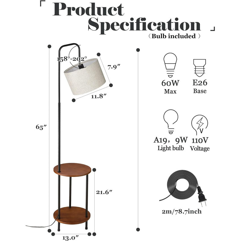 Modern Floor Lamp For Living Room, Solid Wood Side Table Lamp With Grey Fabric Drum Shade, 3-Color Temperatures End Table Standing Light For Bedroom, Living Room, LED Bulb Included, Matte Black