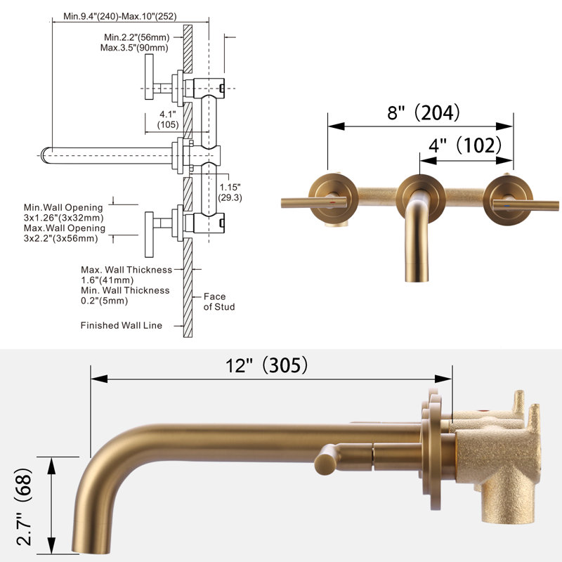 2-Handle 2-Hole Wall Mounted Bathroon Sink Faucet In Spot Resist (Valve Included), Gold