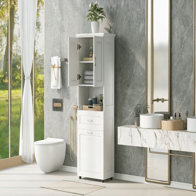 Tall Bathroom Cabinet With Laundry Basket, Large Storage Space Tilt-Out Laundry Hamper And Upper Storage Cabinet