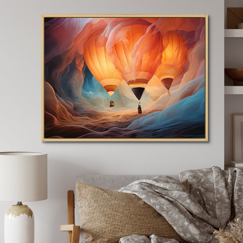 Coral Hot Air Ballon Ethereal I - Transportation Wall Art Prints, Cadre naturel flottant, H 30 po x l 40 po x P 1,5 po