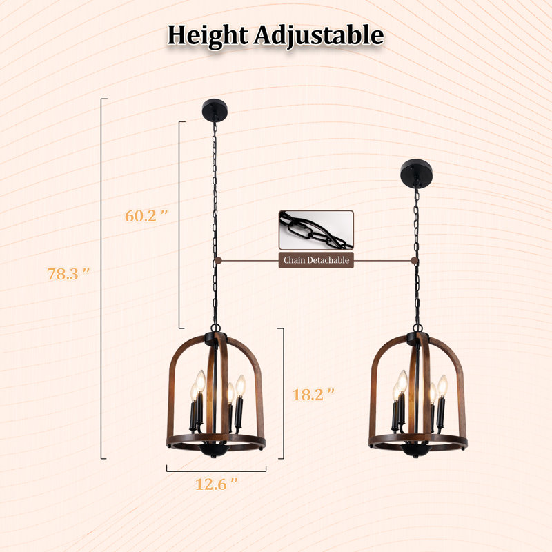 Lustres suspendus en bois brun à 4 lumières Farmhouse avec base de style bougie E12 pour le salon sans ampoules incluses