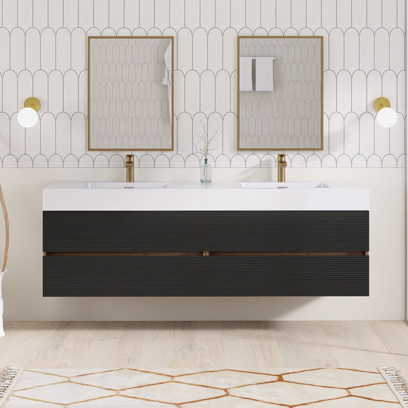 Ensemble de meuble-lavabo mural 72 po avec surface solide 72 po, Noir/noyer, 72"