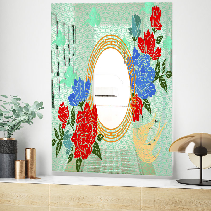 Miroir d'appoint de style chinois avec pivoine, H 39,4 po x l 29,5 po