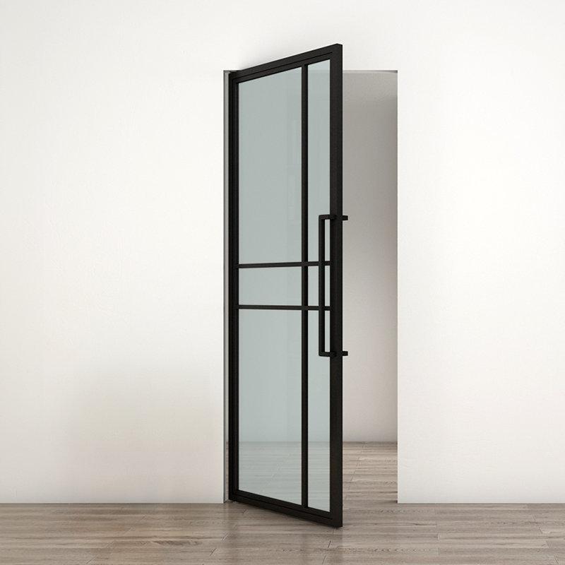 Black Steel Full Lite Frosted Glass Interior Pivot Door