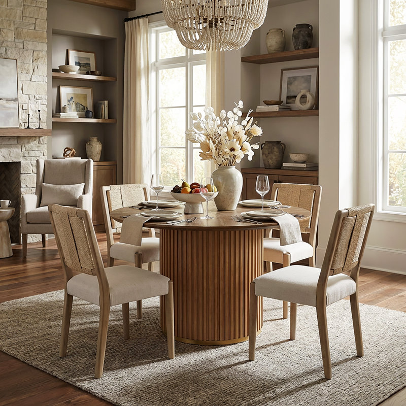 5-Piece Round Pedestal Dining Table Set With Woven Rope Backrest, Light Ash