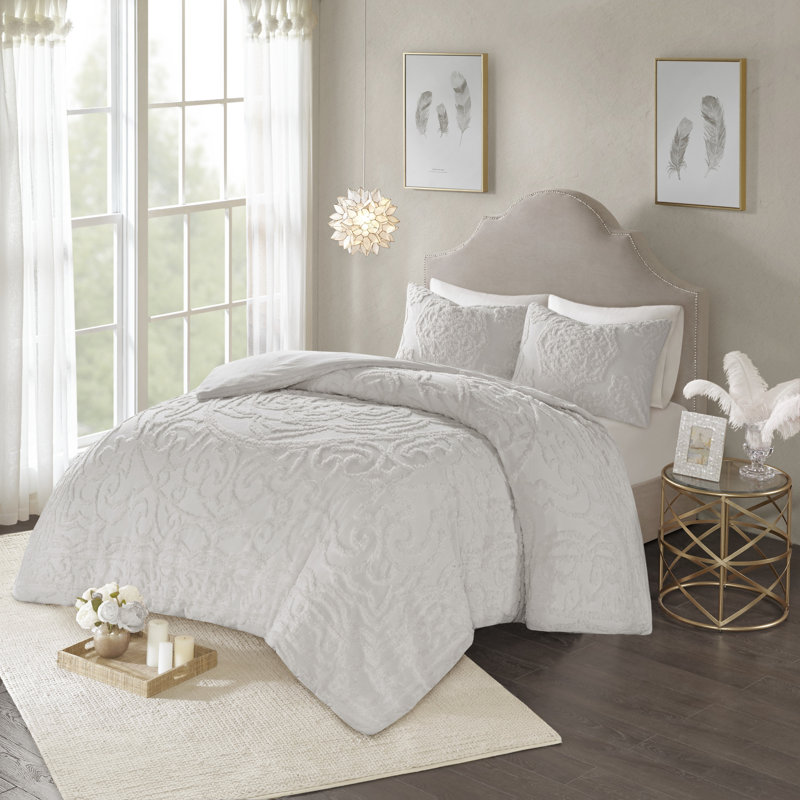 Ensemble de housse de couette en coton chenille capitonné de trois articles Laetitia, Gris