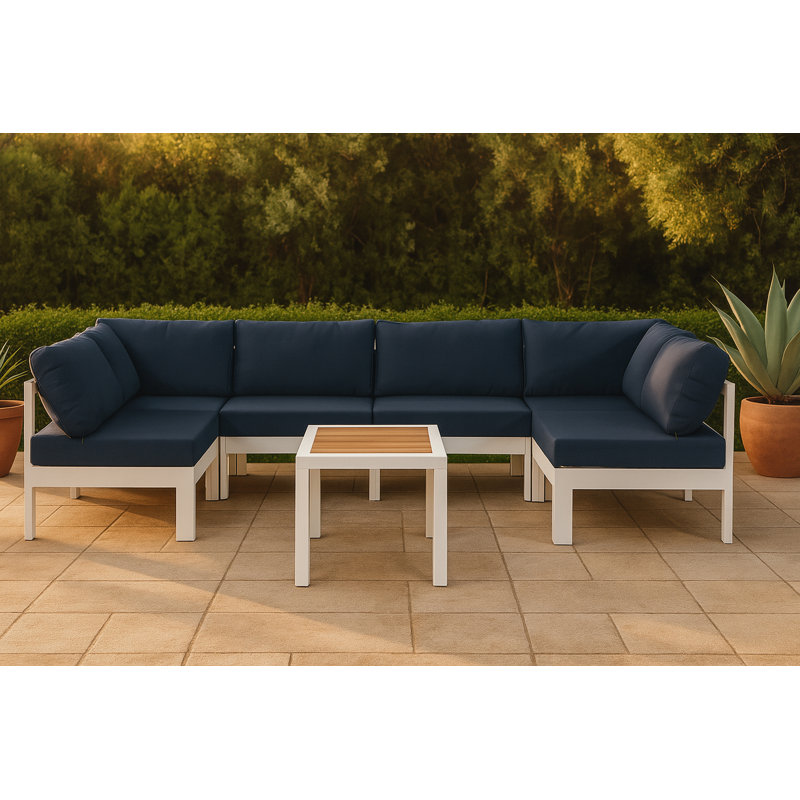 Canapé modulaire d'extérieur en forme de U avec coussins Brith, Blanc, Marine