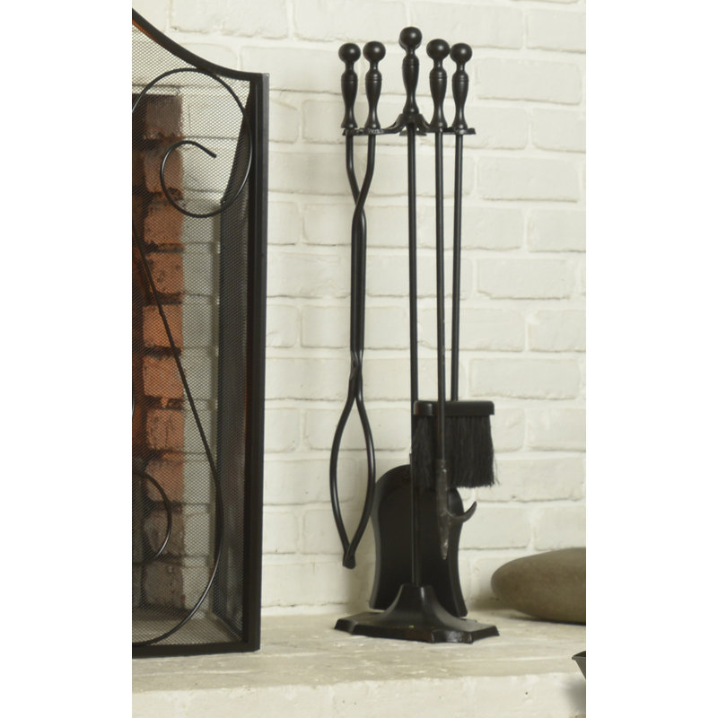 Black Cast Iron 5-Piece Fireplace Tool Set with Ergonomic Handles