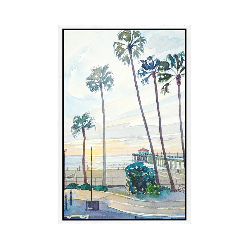 Manhattan Beach Pier by Luisa Millicent - Painting on Canvas, 66.04cm H x 45.72cm W x 3.81cm D, White Framed