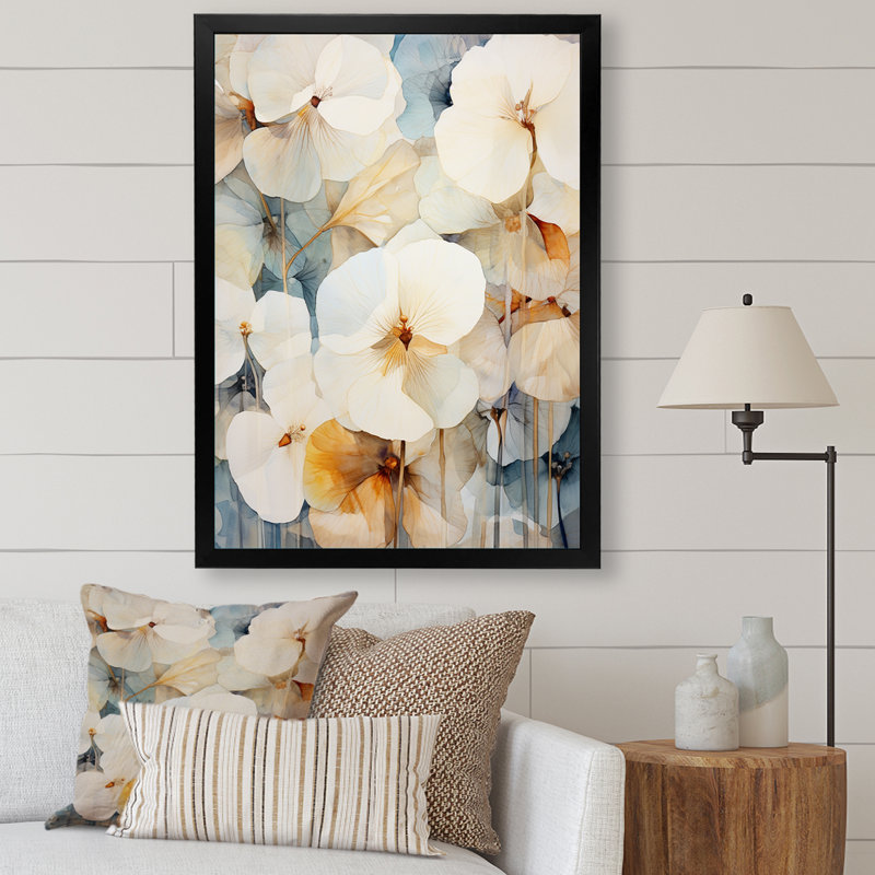Violettes ornées de beige et de bleu sur toile, H 40 po x l 30 po x P 1,5 po, Cadre simple noir