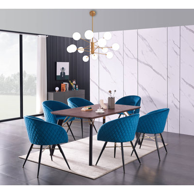 Goddard 6 Person Dining set - a Rectangular Wooden Dining Table with Metal Legs and a Set of 6 Quilted Velvet Dining Chairs for Dining Room - Modern Dining Table Set