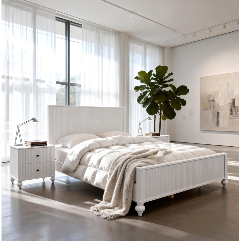 White Queen Size Bed Frame, Solid Wood & MDF, No Box Spring Needed, Classic Design with Grooved Panels