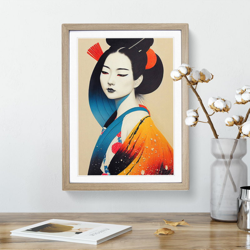 Colourful Geisha No.2 - Single Picture Frame Painting, 46cm H x 34cm W x 2cm D, Oak