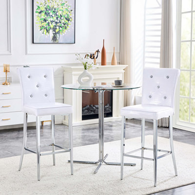 Ensemble de salle à manger moderne à hauteur de bar 3 pièces, table ronde en verre transparent avec base en métal et 2 tabourets de bar rembourrés à motif crocodile, ensemble de coin-repas pour îlot de cuisine