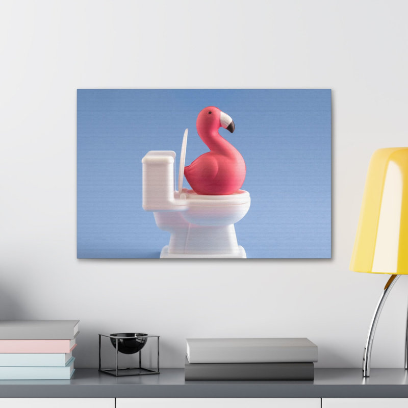 Mignon flamant rose mignon assis sur une toilette, art mural sur toile, H 12 po x l 18 po