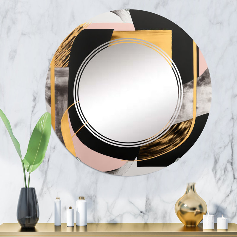 Pittsley Pink And Gold Art Deco I - Modern Transitional Wall Mirror, 32" x 32"