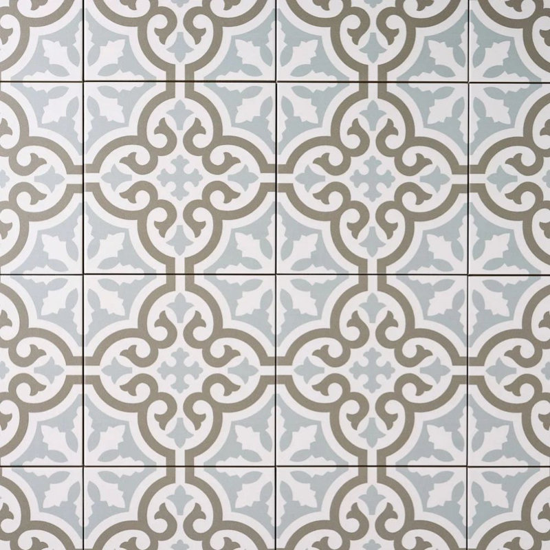 Casablanca Encaustic‑Look Patterned Porcelain Floor & Wall Tile, 8" x 8", Patterned, Blue/White/Gold