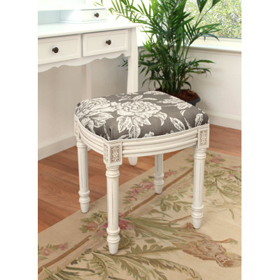 Caramel Peony Linen Upholstered Vanity Stool With Antique White Finish And Welting by Ophelia & Co.