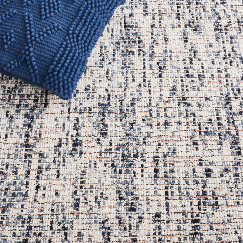 Tapis en laine / coton abstrait touffeté à la main en beige / noir, Carré 6 pi