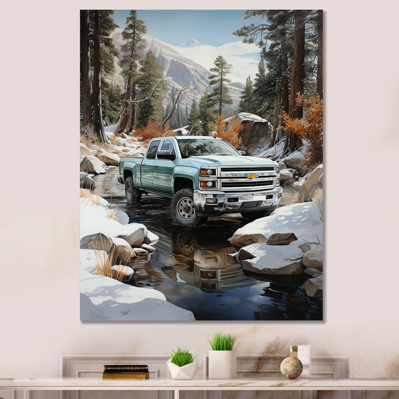 Choual, camionnette blanche Winter Wilderness - impression, Toile tendue, H 32 po x l 16 po x P 1 po