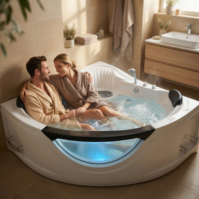 Baignoire tourbillon d'angle 59 po pour deux personnes, baignoire en acrylique avec lumières DEL