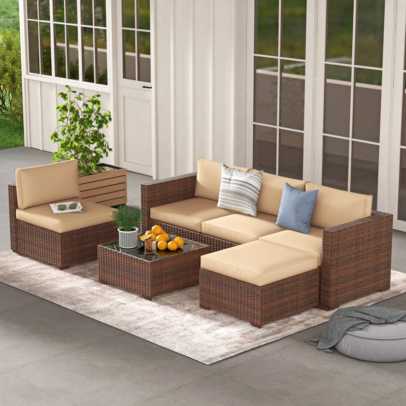 Ensemble de conversation modulaire en rotin 6 pièces avec coussins Eudy, Brun / beige