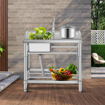 30 Inch Stainless Steel Utility Sink with Workbench, Freestanding Single Bowl w/Hot & Cold Water Faucet