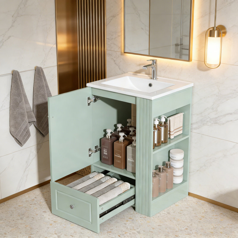 Bathroom Vanity with Sink, Soft-Close Drawer and Open Side Shelves, Green