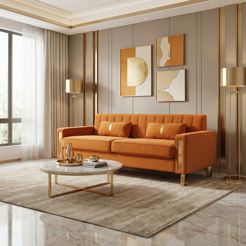 Solid Wood Frame 3 Seater Sofa with Compressed Seat Cushions, Modern Upholstered Couch for Living Room, Orange