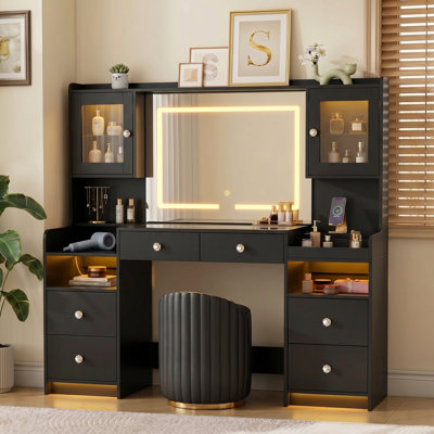 Menicia 61.6" Makeup Vanity Desk with Lighted Mirror, Tempered Glass Top, Power Outlet, 4 Drawers, and RGB Lighted Cabinet