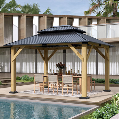 12' W x 10' D Outdoor Solid Wood Gazebo - Patio Galvanized Steel Hardtop Gazebo 