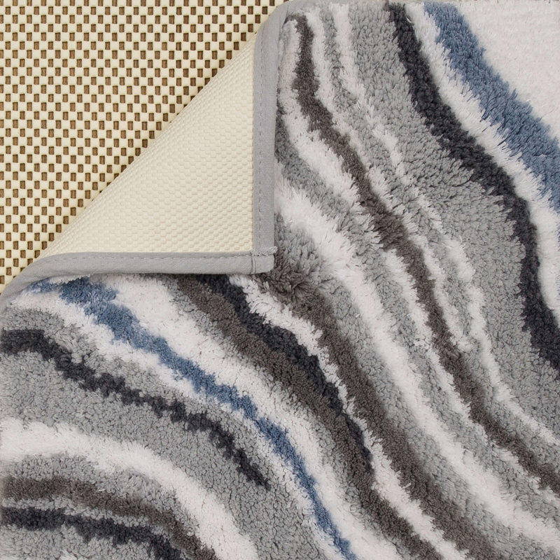 Alyxandrea Abstract Memory Foam Machine Washable Bath Rug, Blue Fog, 21" W x 34" L