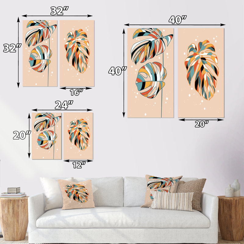 «Tropical Vintage Foliage and Geometrics I», ensemble de 2 peintures, H 40 po x l 40 po x P 1,5 po, Toile tendue